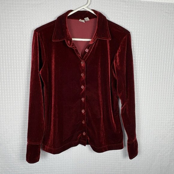 Gap Velvet Shirt Button Up Holiday Party Burgundy Wine Loose Size Large - Picture 1 of 12